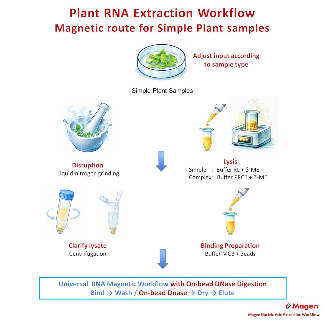Magnetic plant RNA extraction workflow for simple plant samples showing liquid-nitrogen grinding, RL or PRC1 lysis, lysate clarification, MCB and bead binding, on-bead DNase digestion and universal magnetic purification.